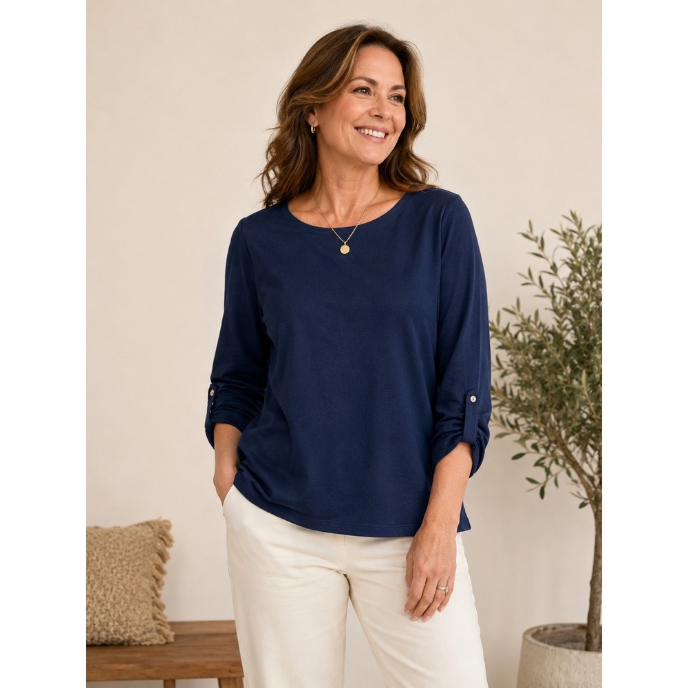 Chicos Navy Blue Mixed Media Layered Look Top Striped Hem Roll Tab Sleeve Size 1